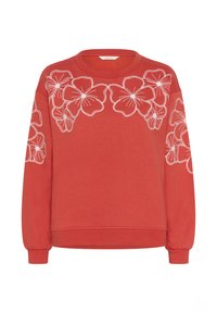 Sweatshirt rouge à manches longues avec broderies florales blanches sur les épaules et les manches, encolure ronde et poignets et ourlet côtelés.