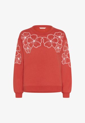 Tricou lung roșu cu mâneci lungi, cu broderie florală albă pe umeri și mâneci, gât rotund și manșete și tiv din material striat.