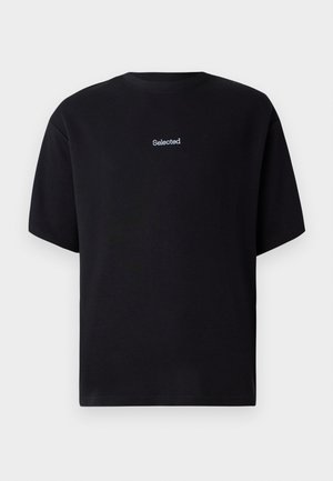 Black cotton t-shirt with short sleeves, crew neck, and blue embroidered text "Selected" on the front. Smooth texture and relaxed fit.