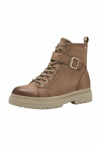 Bottines en cuir marron avec une finition lisse, fermeture à lacets, sangle à boucle ajustable et semelle en caoutchouc beige. Embout renforcé.