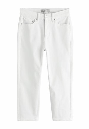 Vaqueros blancos ajustados de tiro medio, recortados, con botón frontal, cremallera y diseño de cinco bolsillos, mostrados extendidos sobre un fondo blanco.