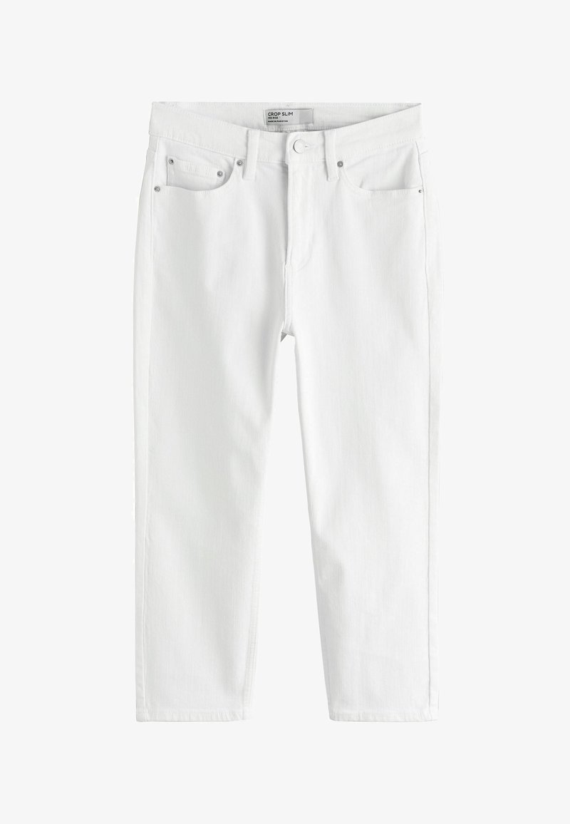 Jean blanc slim taille mi-haute, court, avec bouton à l'avant, fermeture éclair et design à cinq poches, présenté à plat sur fond blanc.
