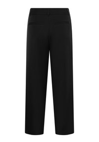 Pantalon noir à jambes larges avec poches passepoilées au dos et taille ajustée, vu de dos sur fond blanc.