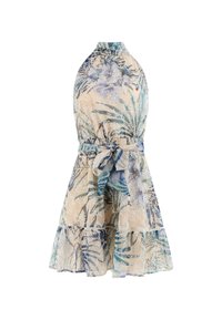 Robe à col licou présentant un motif floral en bleu et beige. Réalisée en tissu léger avec un ourlet volanté et une ceinture à nouer ajustable.
