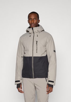 Light gray and black insulated jacket with a zippered front, adjustable hood, and cuffs. Features two zippered pockets and a sleek design.