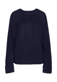 Marineblaue Strickjacke mit Rundhalsausschnitt, Raglanärmeln und gerippten Bündchen. Die Textur ist grob und hat eine lockere Passform.