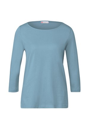 Hellblaues Langarmoberteil mit Rundhalsausschnitt, aus weichem Material gefertigt. Verfügt über einen lockeren Schnitt und genähte Säume. Keine sichtbaren Muster oder Akzente.