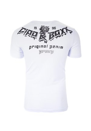 T-shirt bianco con testo grafico nero audace sul retro. Materiale in cotone morbido. Maniche corte e scollatura a girocollo.