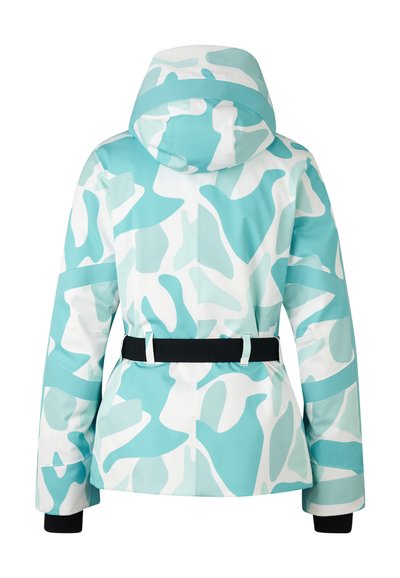 Wasserdichte Winterjacke, türkis und weiß mit abstraktem Muster, Kapuze, schwarzer Gürtel, lange Ärmel, strukturierter Stoff, verstellbare Manschetten.