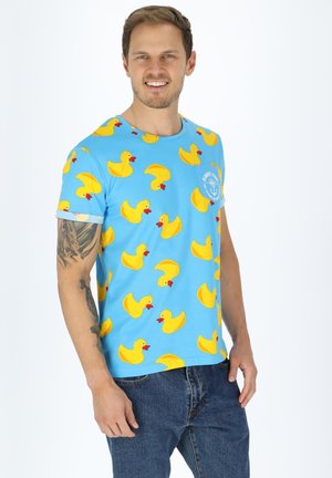 T-shirt in cotone blu con un motivo ripetuto di anatre di gomma gialle con beccucci rossi; maniche corte e dettaglio con logo sul petto.