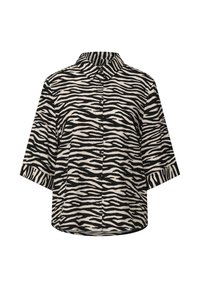 Blouse à manches courtes présentant un motif rayé noir et blanc de zèbre, avec un col et un boutonnage sur le devant, fabriquée en tissu léger.