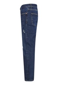 Jean en denim bleu foncé avec légère usure, poches avant et arrière visibles, passants de ceinture, coupe droite, montré de côté.