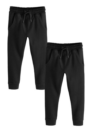 Pantalons de survêtement noirs avec une taille élastique, cordon de serrage, poches latérales, design à jambes fuselées et ourlets côtelés. Texture de tissu douce.