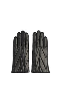 Sorte læderhandsker med et quiltet design og diagonale syninger. De har separate fingerafsnit og en glat tekstur.