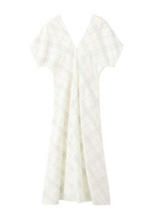 Vestido blanco de manga corta con escote en V y patrón de cuadros gris claro, exhibido colgado sobre un fondo blanco.