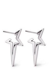 Orecchini in tono argento a forma di fulmini stellari, caratterizzati da una finitura lucida e un supporto a perno per una vestibilità sicura.