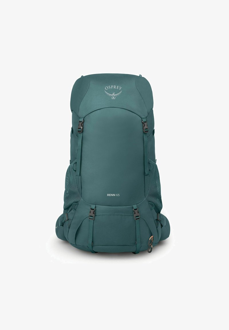 Osprey Renn 65 rugzak in teal, met duurzame stof, verstelbare banden en mesh zijvakken voor ventilatie en opbergruimte.