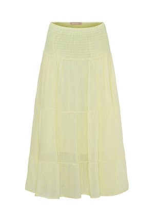 Lysegul midi nederdel med smocket høj talje og lagdelte, flydende stofpaneler for en afslappet, luftig pasform.