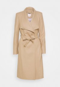 Beige trenchcoat van een wolmix met een ceintuur in de taille, brede revers en lange mouwen. Heeft een diagonale ritspzak en een gladde textuur.