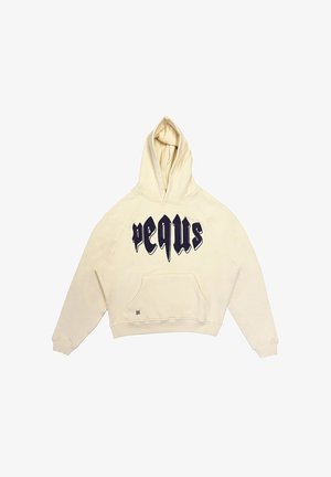 Cremefarbene Kapuzenpullover mit großem schwarzem Grafiktext "pequts", Kängurutasche und verstellbarem Tunnelzug. Weicher Stoff und lässige Passform.