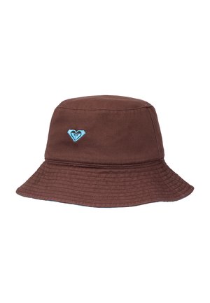 Brązowy kapelusz typu bucket z jasno-niebieskim haftowanym logo w kształcie serca z przodu, z szerokim, przeszywanym rondem.