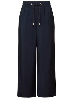 Marineblauwe wijde pantalons van een gestructureerde stof, met een elastische tailleband en een verstelbaar trekkoord met gouden metalen uiteinden.