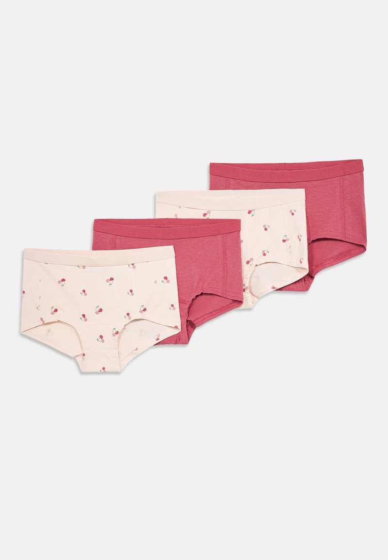 Quatro pares de calções de algodão para crianças: dois em rosa escuro sólido, dois em rosa claro com um padrão de cerejas. Textura suave, cinturas elásticas e design confortável.