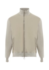 Beige leichte Jacke mit hohem Kragen, durchgehendem Reißverschluss und zwei seitlichen Reißverschlusstaschen. Weiche Textur und gerippte Bündchen.