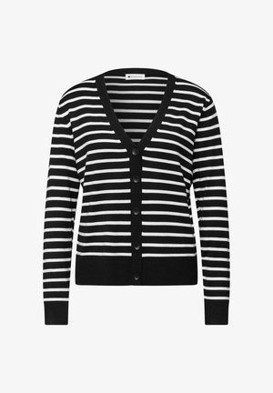 Czarnobiały kardigan w paski z głębokim dekoltem w serek, zapinany na siedem guzików, z prążkowanymi ściągaczami przy mankietach i u dołu. Miękka, dzianinowa tkanina.