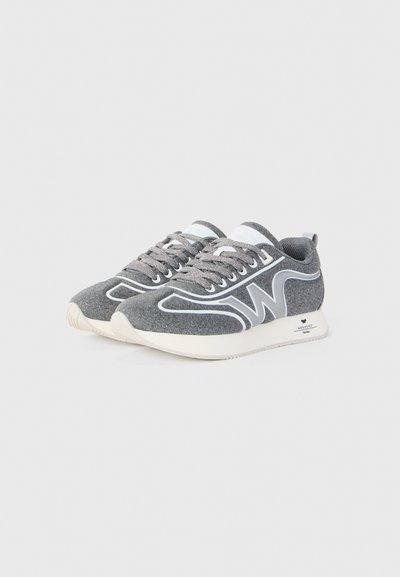 Pair of grey fabric sneakers with white soles, gray laces, and white decorative trims, positioned side by side on a white background.