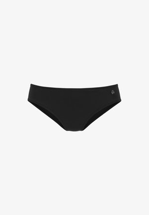 Schwarze Bikiniunterteile mit nahtlosem Design, tiefer Leibhöhe und markenspezifischem Hardware-Akzent an der Hüfte. Hergestellt aus glattem, dehnbarem Stoff.