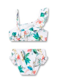 Weißes Zweiteiler-Badeanzug bestehend aus einem einseitigen Oberteil mit Rüschen sowie tropischen Tier- und Blattmustern, kombiniert mit Rüschenslip.