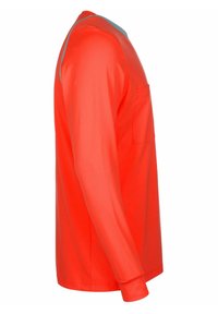 Langärmliges Shirt in leuchtendem Rot mit rundem Ausschnitt. Verfügt über eine linke Brusttasche und kontrastierende graue Akzente an den Schultern.