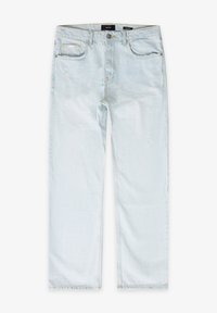 Vaaleansiniset farkut suoran istuvuuden omaavat, joissa on korkea vyötärö, kuluneita kohtia, viisi taskua ja keltaisia ompeluvarastoja.