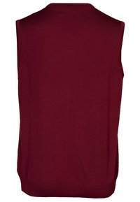Bordeaux-farbenes ärmelloses Strickoberteil mit glatter Textur, rundem Ausschnitt und enganliegendem Saum. Einfaches Design ohne Verzierungen oder Muster.