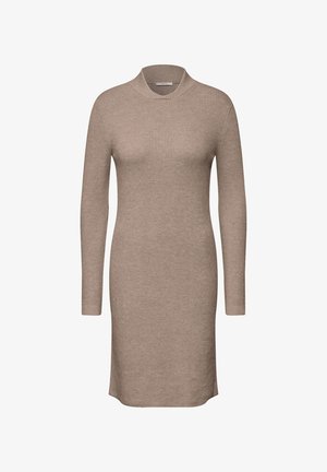 Sukienka dzianinowa w jasnobrązowym kolorze z wysokim dekoltem i długimi rękawami. Posiada ryflowaną teksturę oraz dopasowany krój, sięgający do kolan.