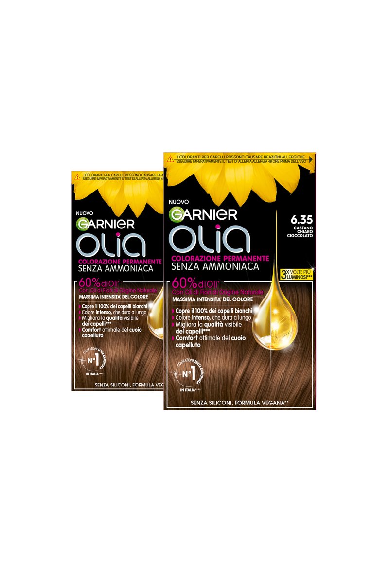 Garnier - GARNIER TINTA CAPELLI OLIA COLORAZIONE PERMANENTE SENZA AMMONIACA PER UNA FRAGRANZA DELICATA COPRE IL 100% DEI CAPELLI BIANCHI CON OLI DI FIORI DI ORIGINE NATURALE - 2 PACK - Tinte capelli - castano chiaro cioccolato (6.35), Ingrandire