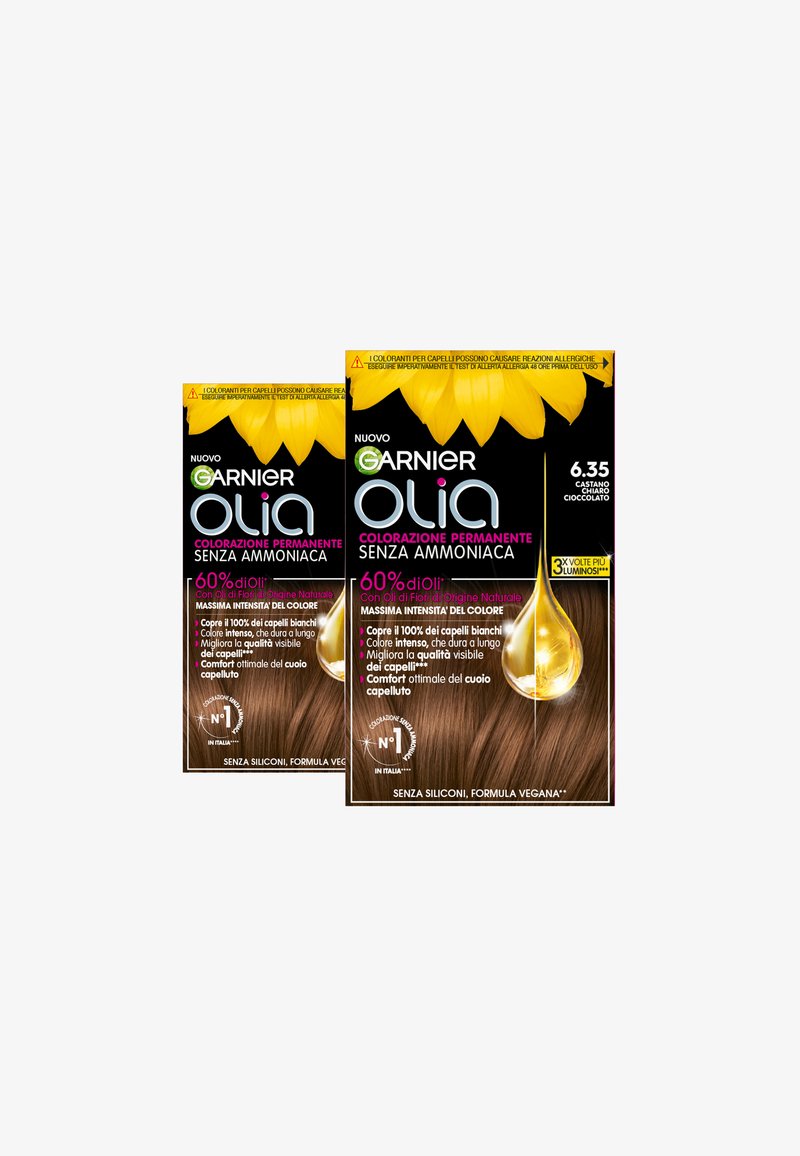 Garnier - GARNIER TINTA CAPELLI OLIA COLORAZIONE PERMANENTE SENZA AMMONIACA PER UNA FRAGRANZA DELICATA COPRE IL 100% DEI CAPELLI BIANCHI CON OLI DI FIORI DI ORIGINE NATURALE - 2 PACK - Tinte capelli - castano chiaro cioccolato (6.35), Ingrandire