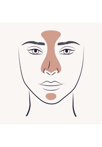 Illustration eines Gesichts mit Konturierung; braune Schattierungen auf der Stirn, Nase und Kinn. Sanfte Linien auf einem hellen Hintergrund, minimale Details.