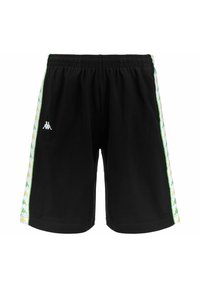 Schwarze Kappa Sportshorts mit elastischem Bund und mehrfarbigem Logotape an den weißen Seitenpaneelen.
