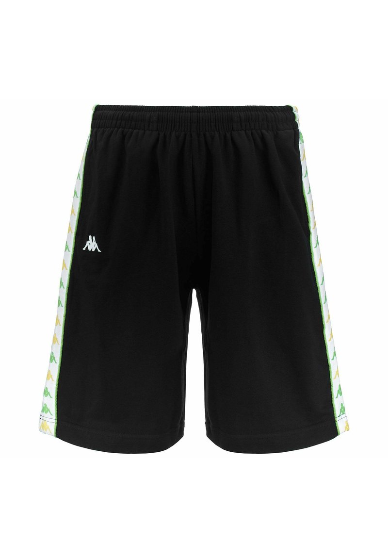 Schwarze Kappa Sportshorts mit elastischem Bund und mehrfarbigem Logotape an den weißen Seitenpaneelen.