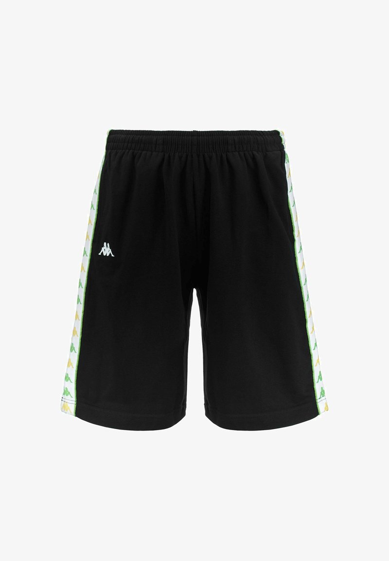 Schwarze Kappa Sportshorts mit elastischem Bund und mehrfarbigem Logotape an den weißen Seitenpaneelen.