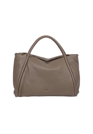 Brown leather handbag with a textured surface, featuring two rounded handles and a folded design. Gold logo accent on the front.