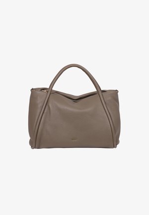 Brown leather handbag with a textured surface, featuring two rounded handles and a folded design. Gold logo accent on the front.