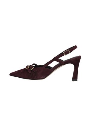 Dark burgundy suede slingback high heel shoe with pointed toe, double buckle straps near front, and adjustable ankle strap with buckle.