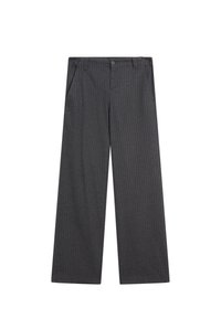 Pantaloni grigi a righe con una vestibilità morbida, dotati di due tasche frontali, chiusura con bottone e piani piatti. Realizzati in un tessuto testurizzato.