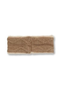 Knit headband in soft beige with a textured pattern. Inside lined with a plush, off-white material for warmth and comfort.