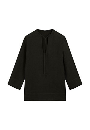 Czarna tunika z długim rękawem, szerokimi mankietami i rozciętym dekoltem z luźnym wiązaniem, prezentowana na białym tle.