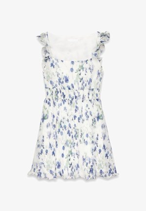 Valge lilleline kleit siniste ja roheliste lilledega, millel on vormitud vöökoht, smock-vooderdus ja volangidega rihmad. Valmistatud kergest kangast.