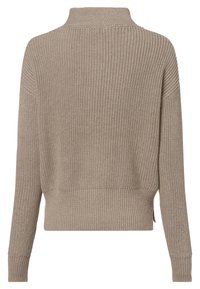 Beige stickad tröja med hög krage, lös passform, ribbad textur och sidofickor, med långa ärmar och en croppad design.